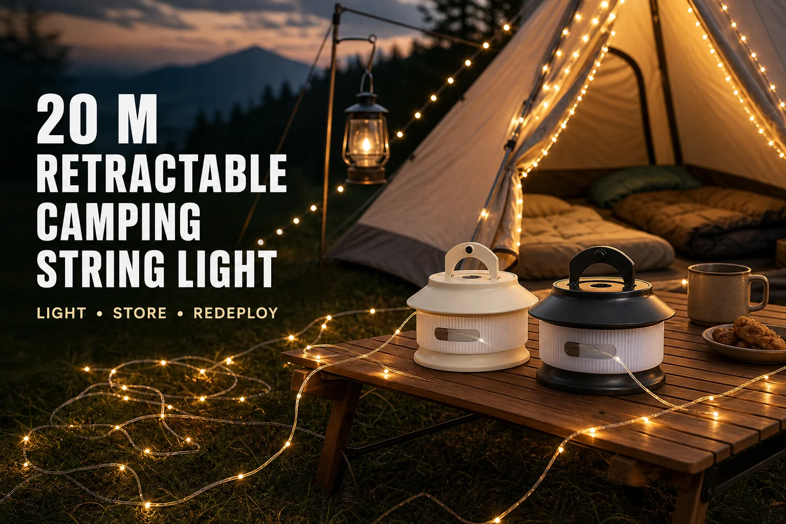 Cream White and Black retractable camping string lights in a campsite setting