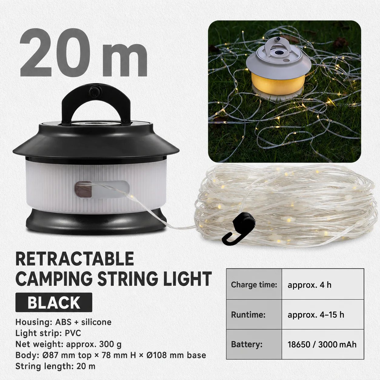 Black 20 metre retractable camping string light SKU
