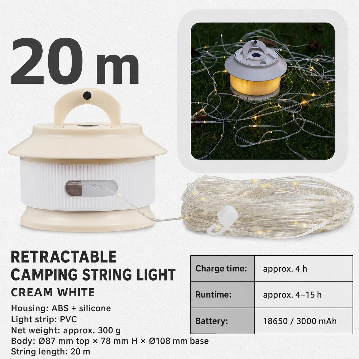 Cream White 20 metre retractable camping string light SKU