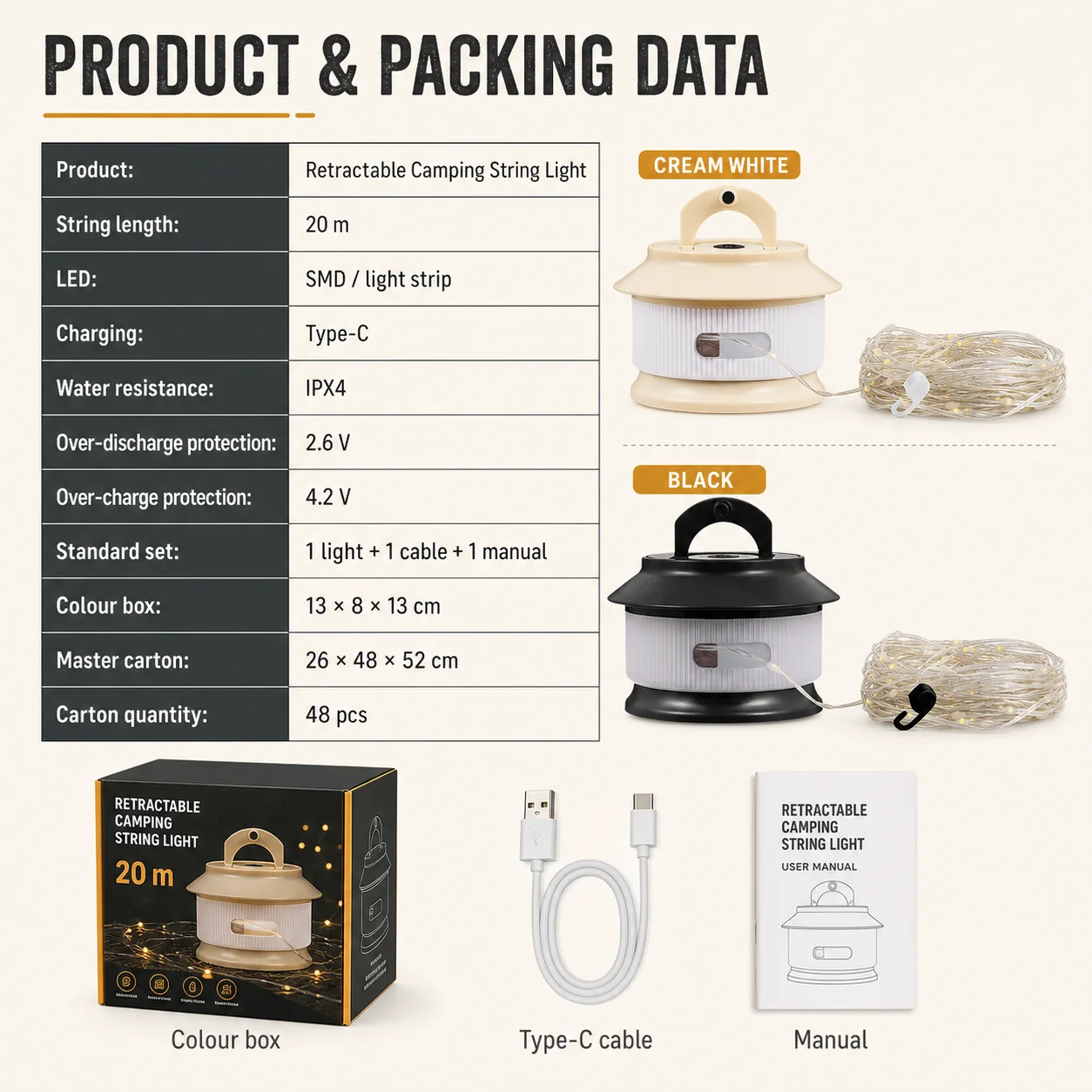 Twenty metre retractable camping string light specifications and packing data