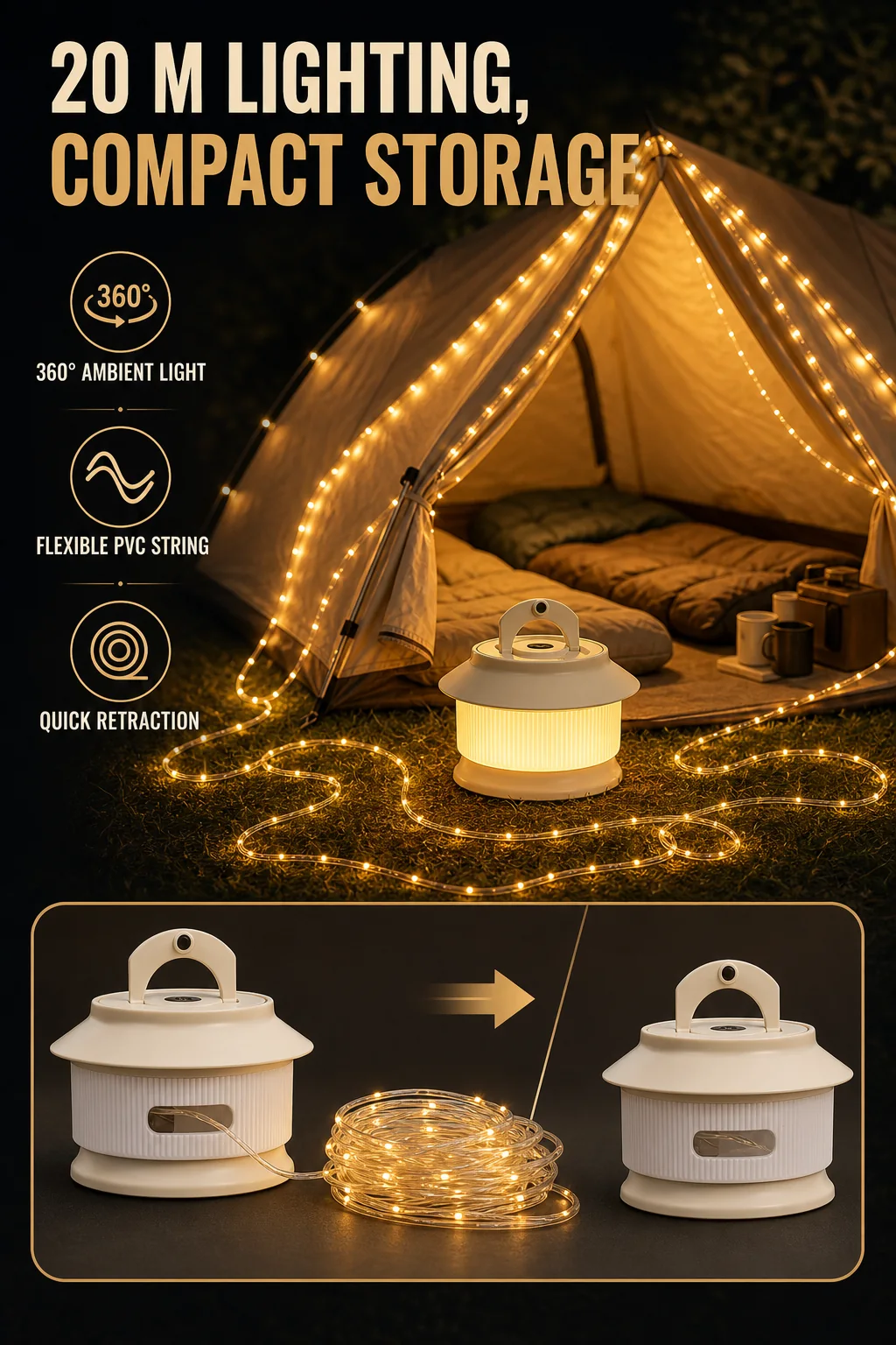 Twenty metre retractable PVC camping string light and compact lantern storage