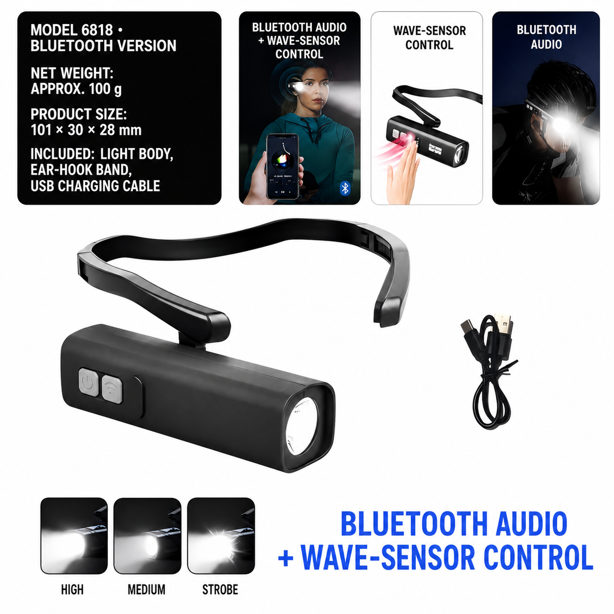 English 6818 Bluetooth-audio configuration and included charging cable overview