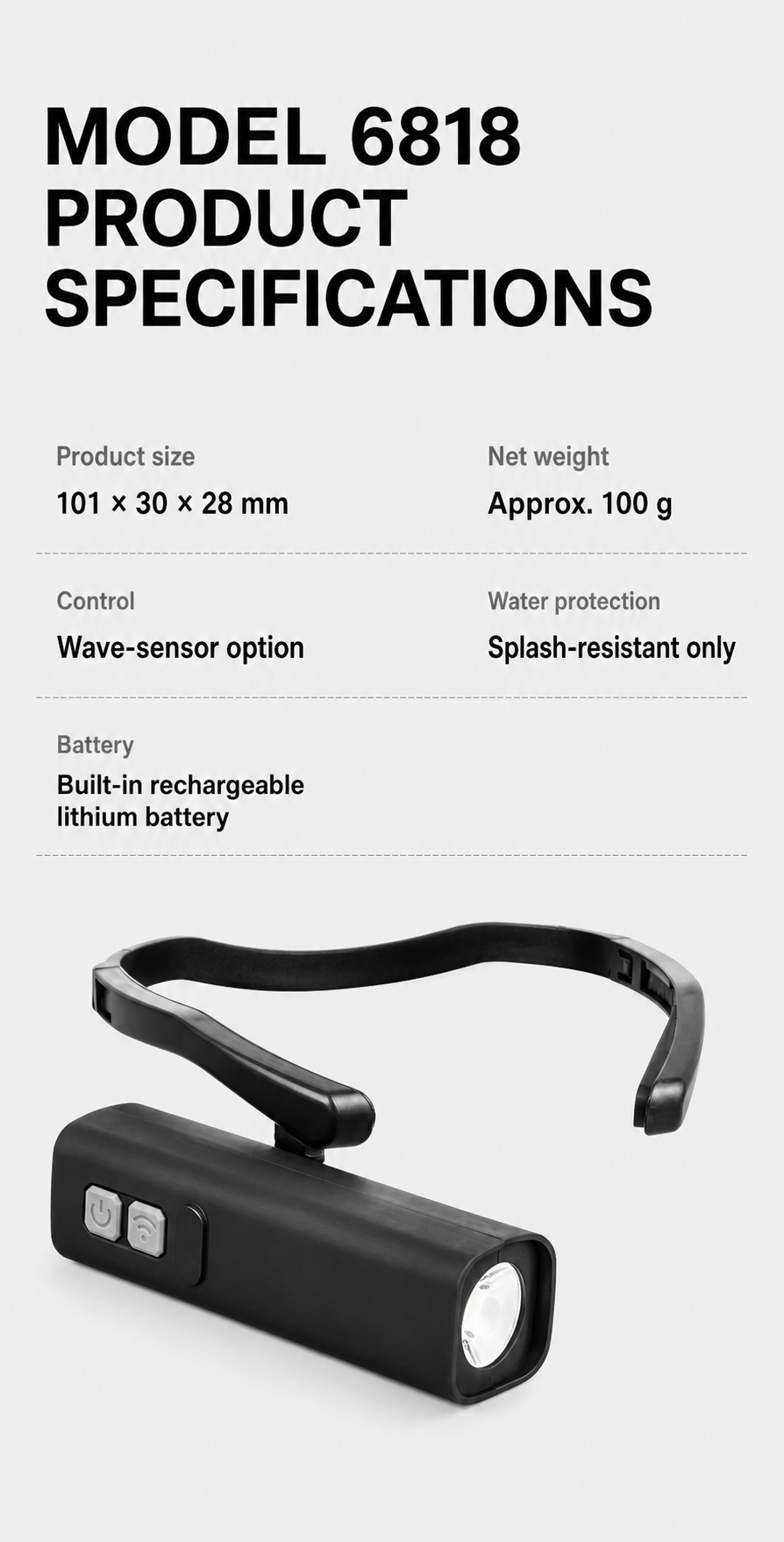 English model 6818 ear-hook sensor light specification overview