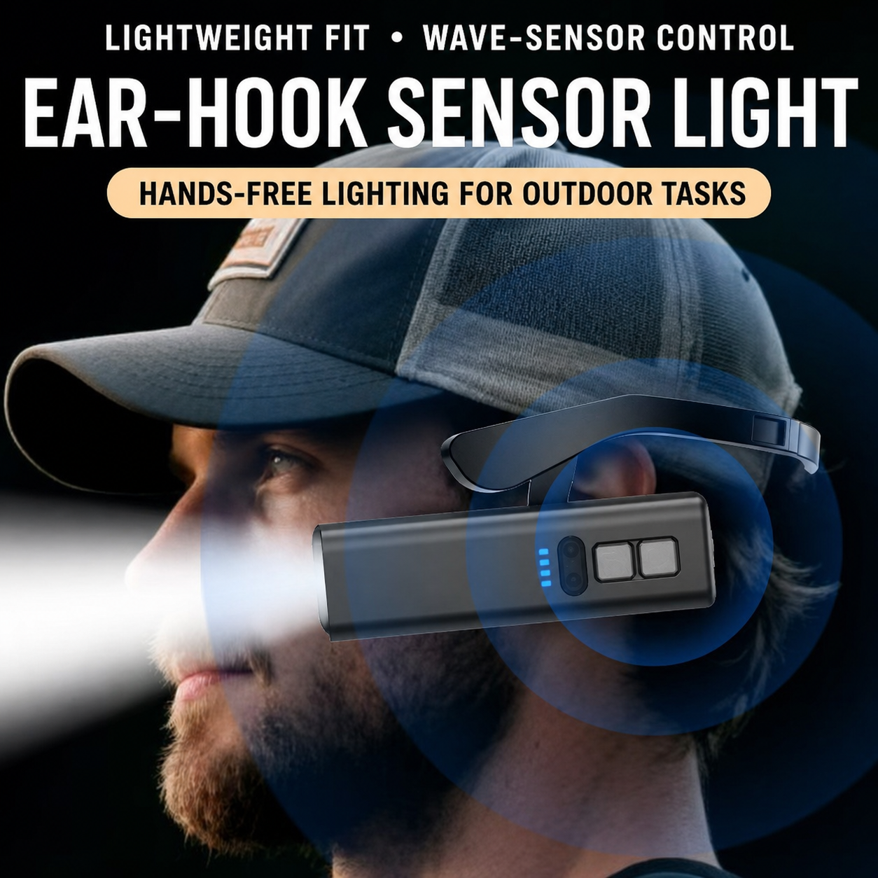 English application visual showing the 6818 ear-hook light worn beside the ear