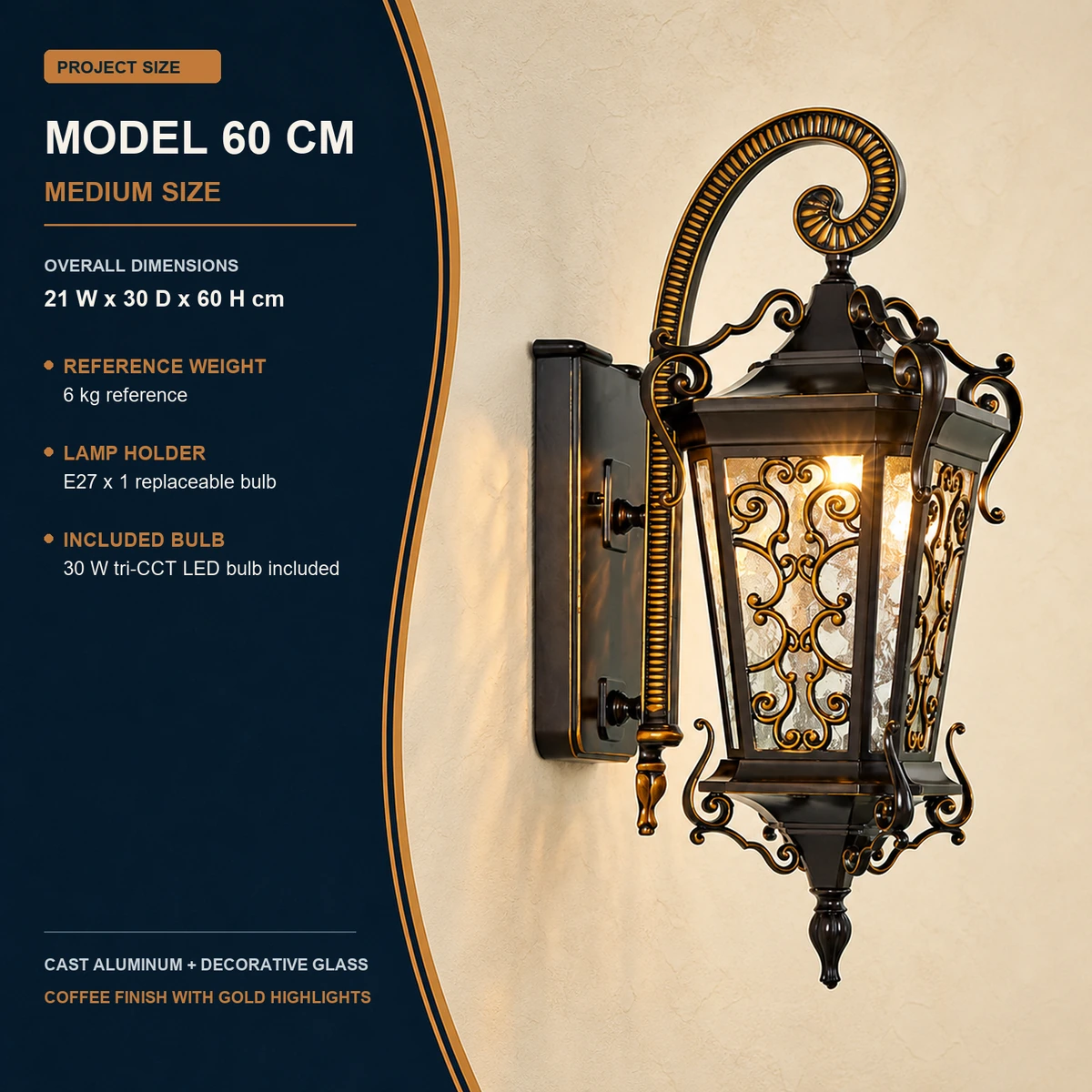 60 cm model Medium European outdoor wall lantern with English dimensions and bulb details