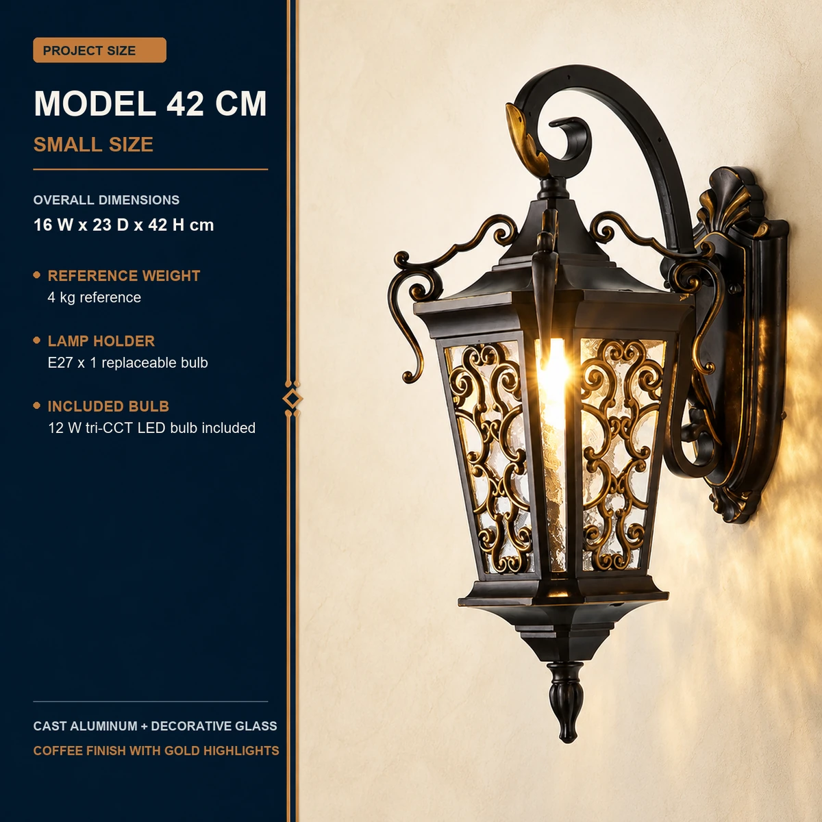42 cm model Small European outdoor wall lantern with English dimensions and bulb details