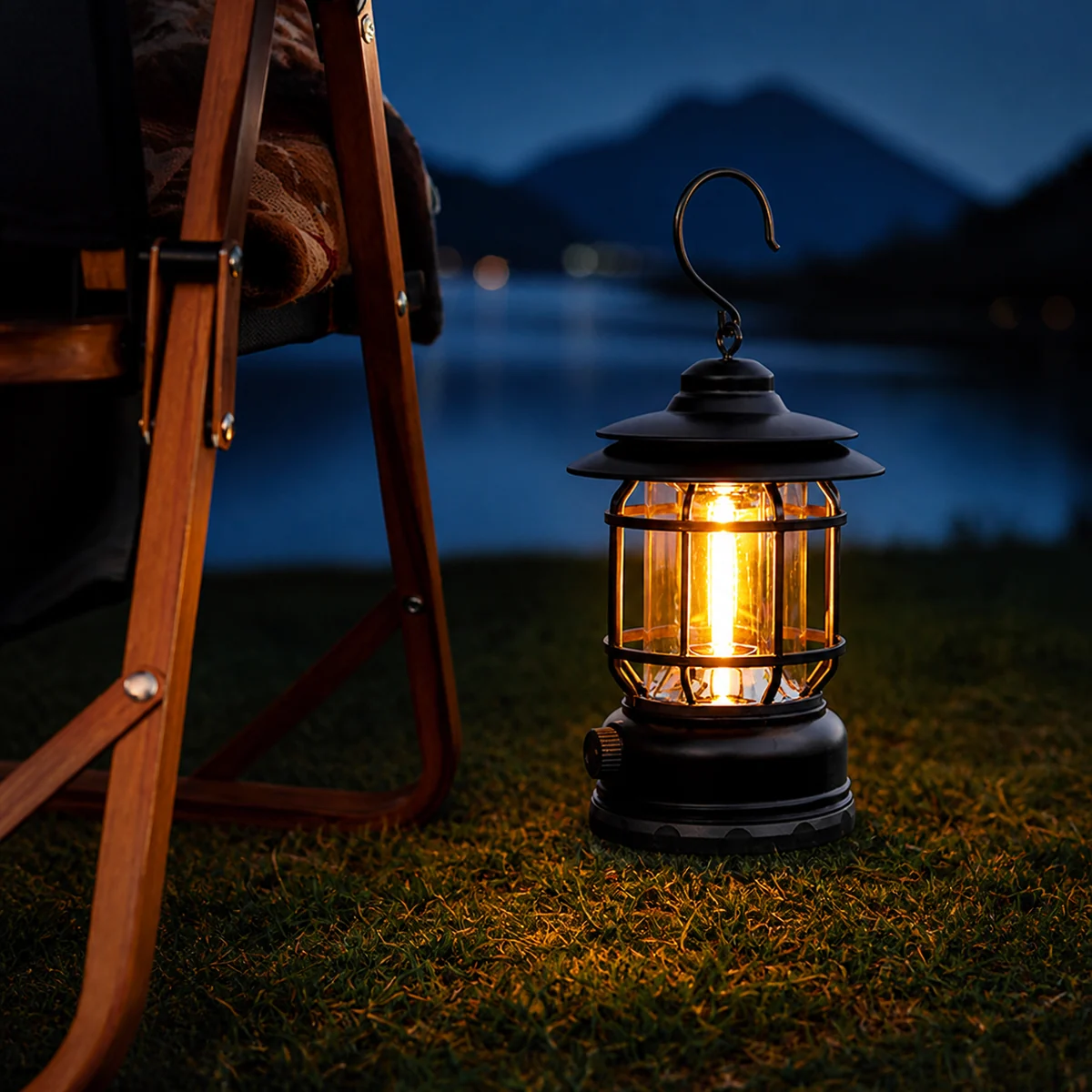 Black L791R rechargeable retro camping lantern at a lakeside campsite