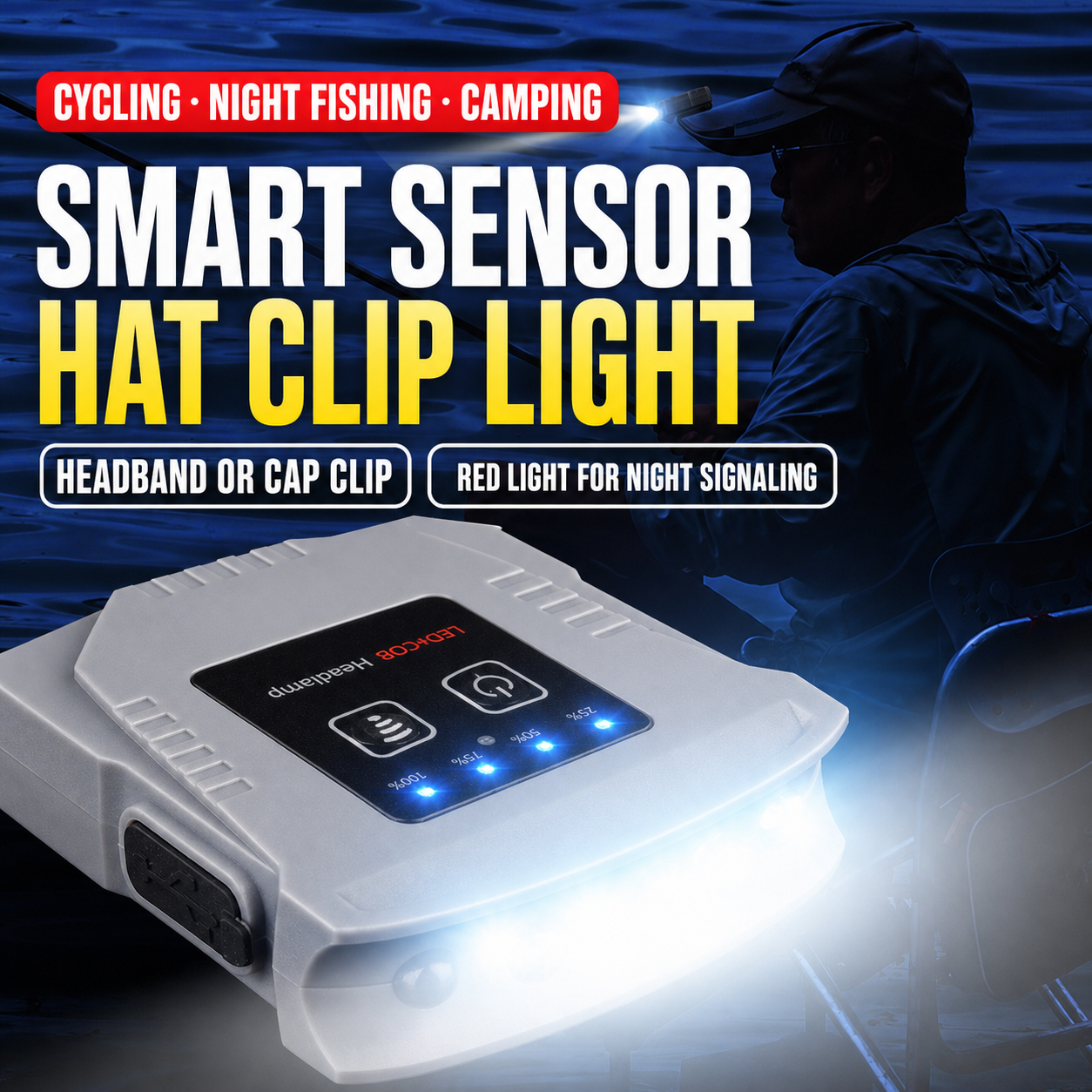 Gray LED-COB rechargeable wave-sensor hat clip light used for night fishing
