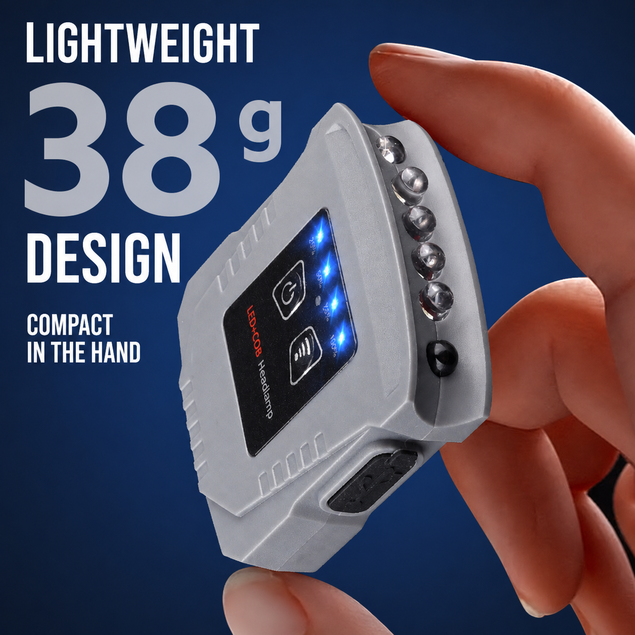 English lightweight visual showing the gray hat clip light held in one hand