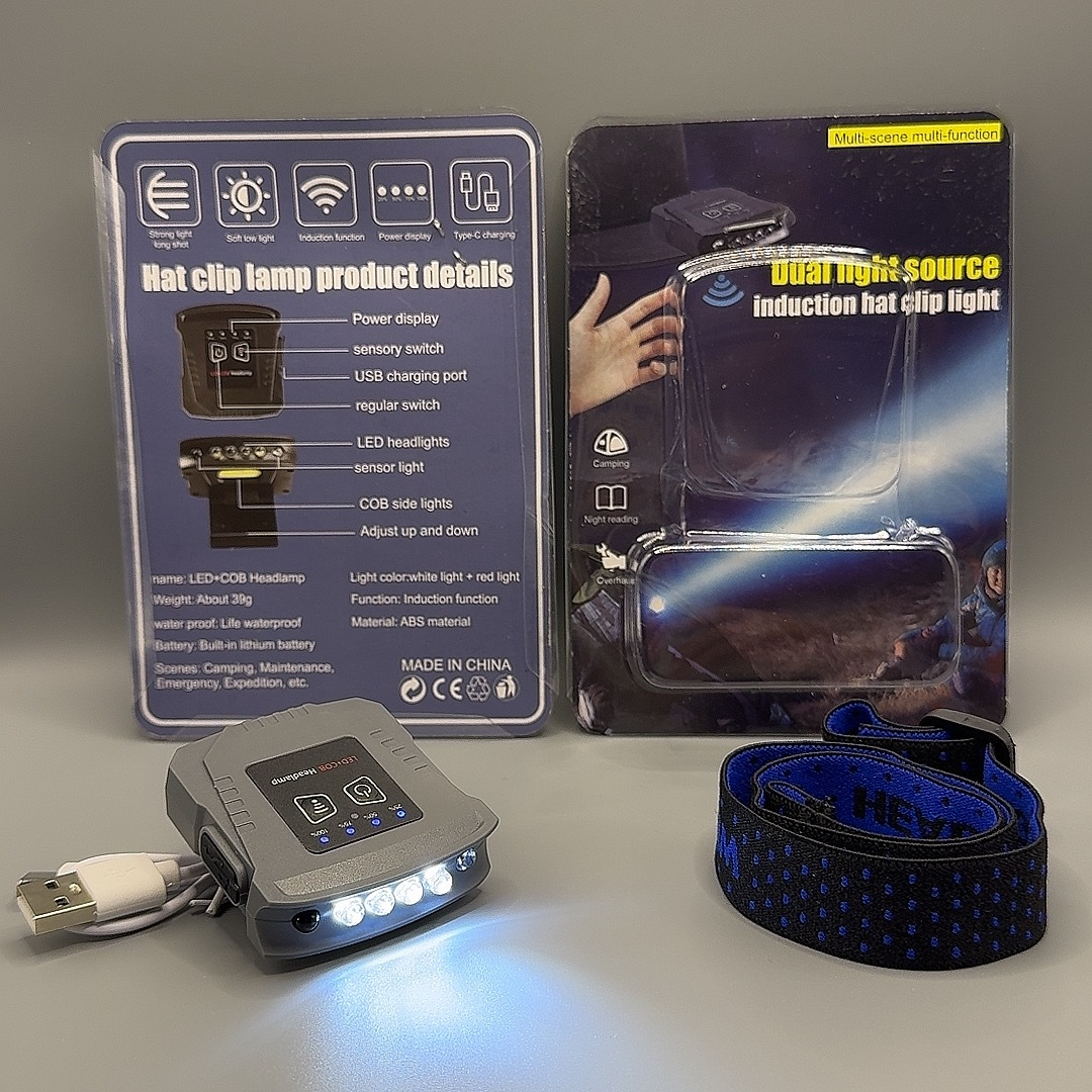 Unmodified real-product photograph of the gray LED-COB hat clip light and headband