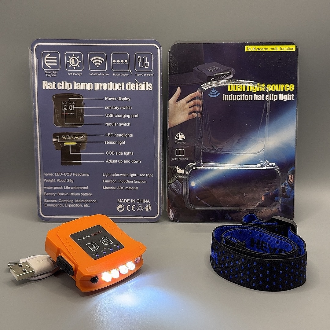 Unmodified real-product photograph of the orange LED-COB hat clip light and headband