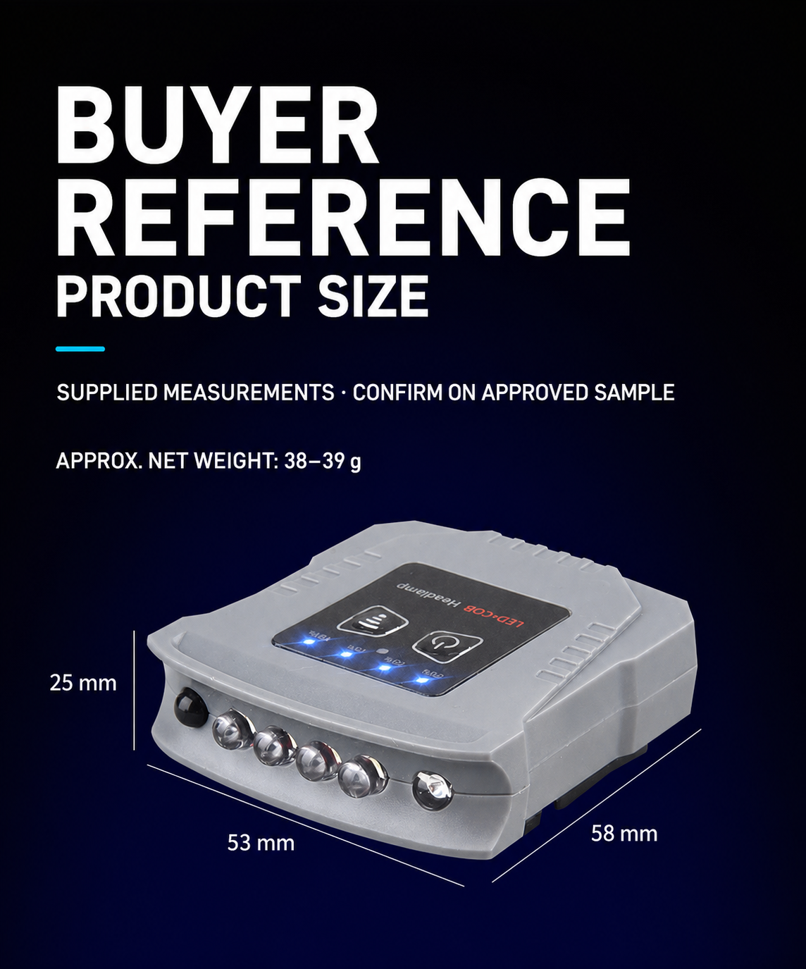 English buyer-reference infographic showing a 58 by 53 by 25 millimetre hat clip light