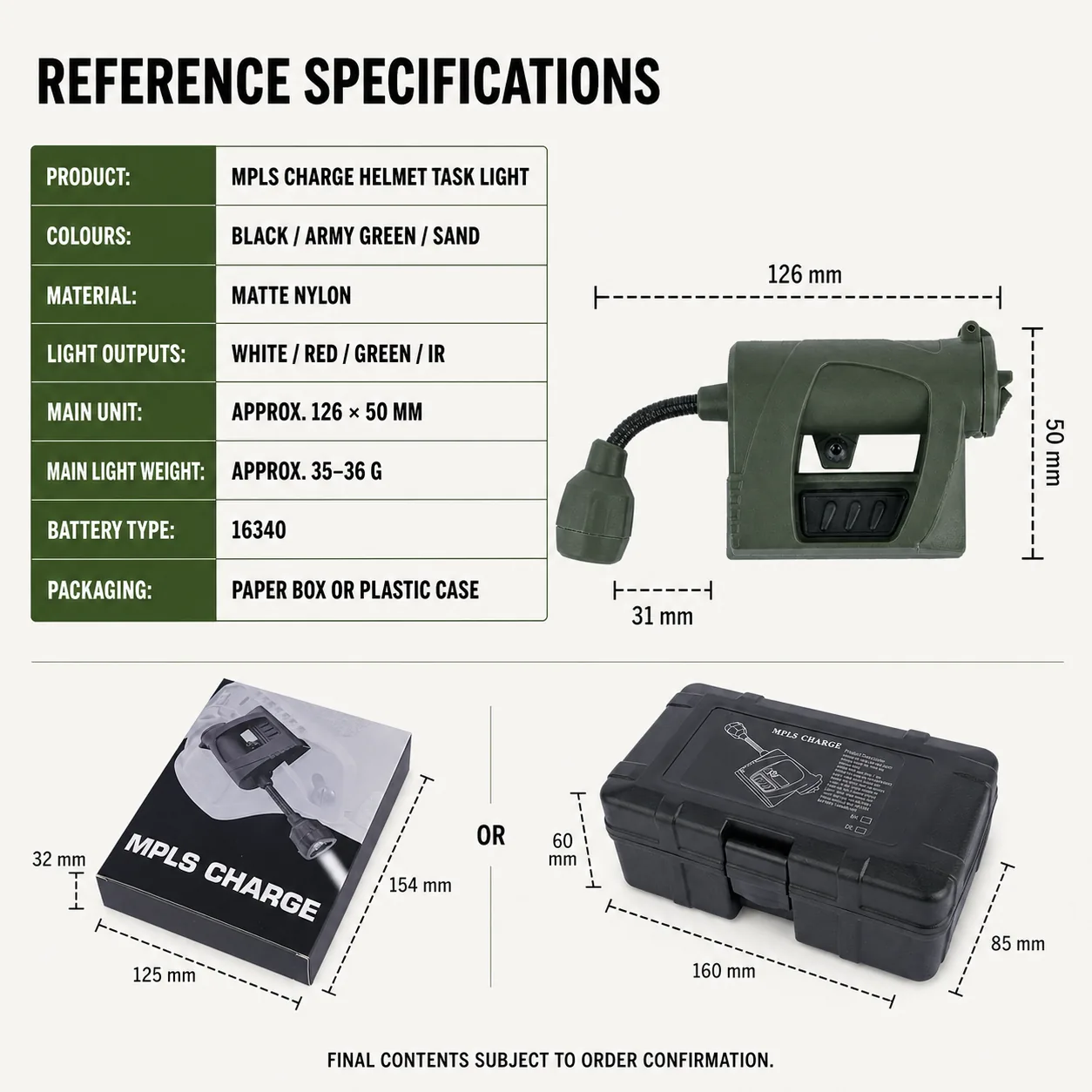 MPLS CHARGE dimensions, battery type and packaging options