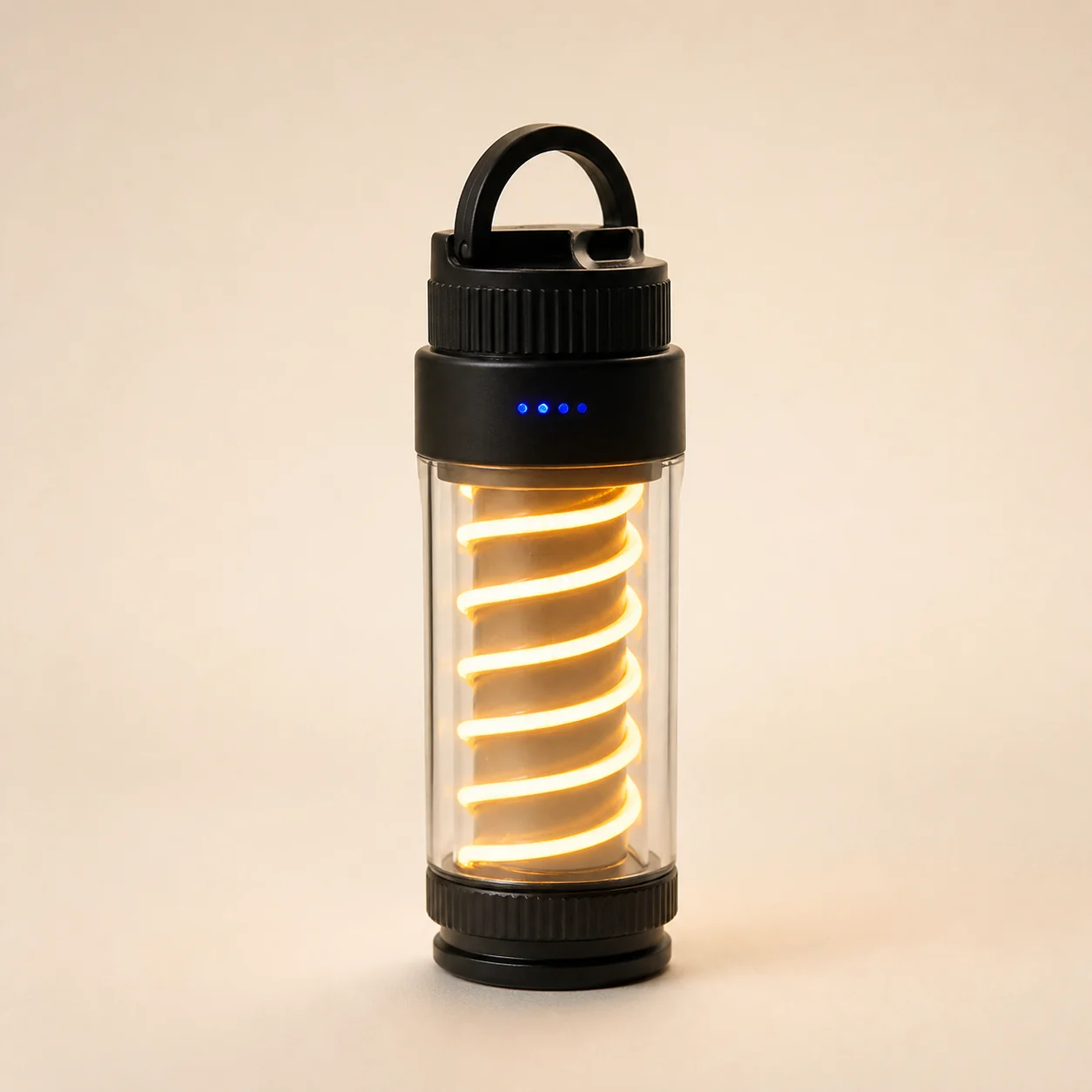 Black single portable ambient camping tower light on a studio background