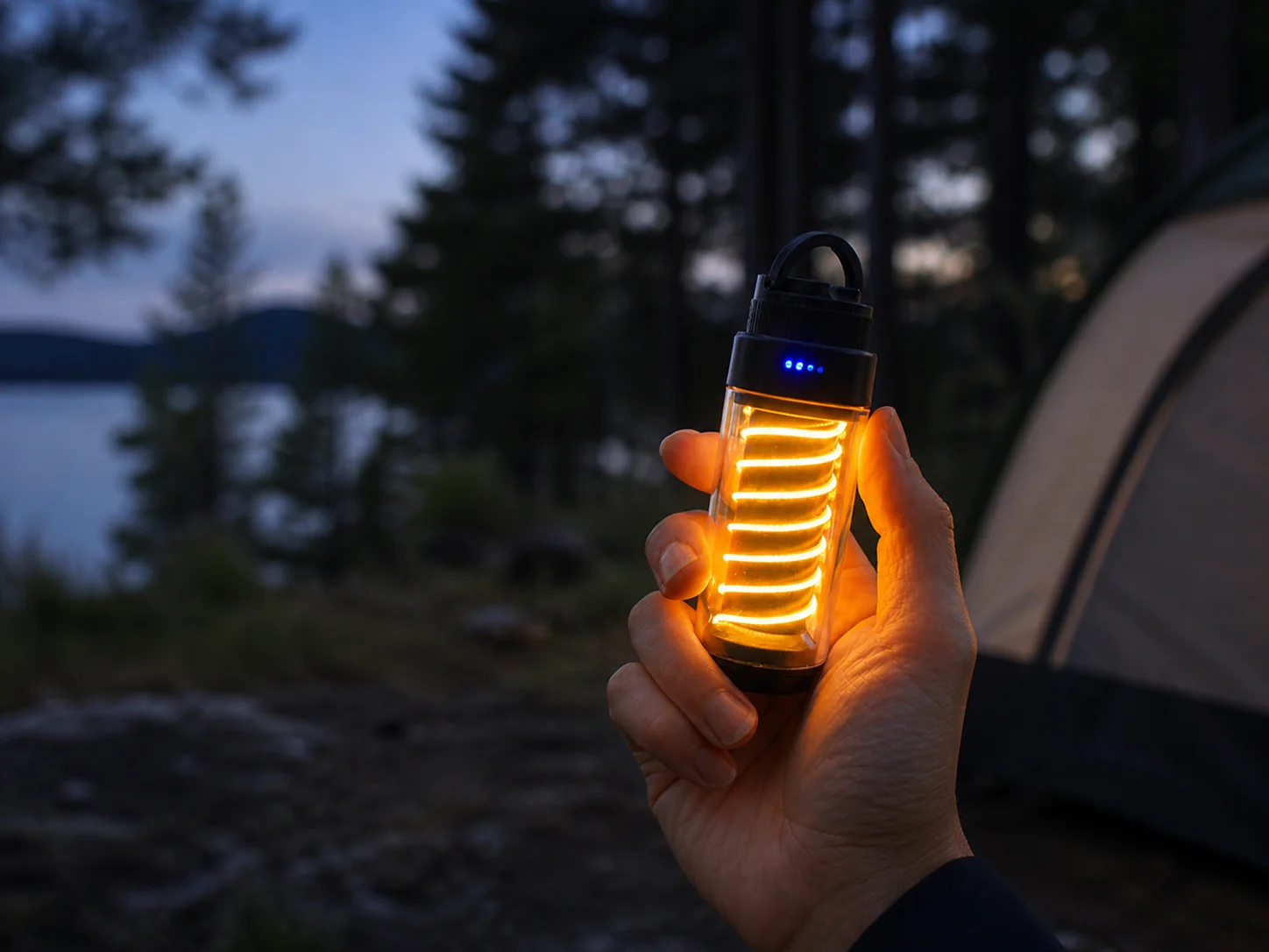 Compact black camping tower light held by hand at dusk