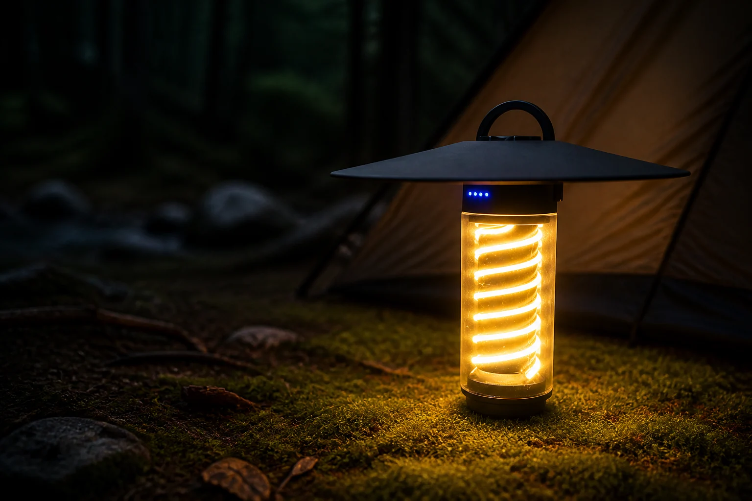 Black portable ambient camping tower light glowing beside a tent