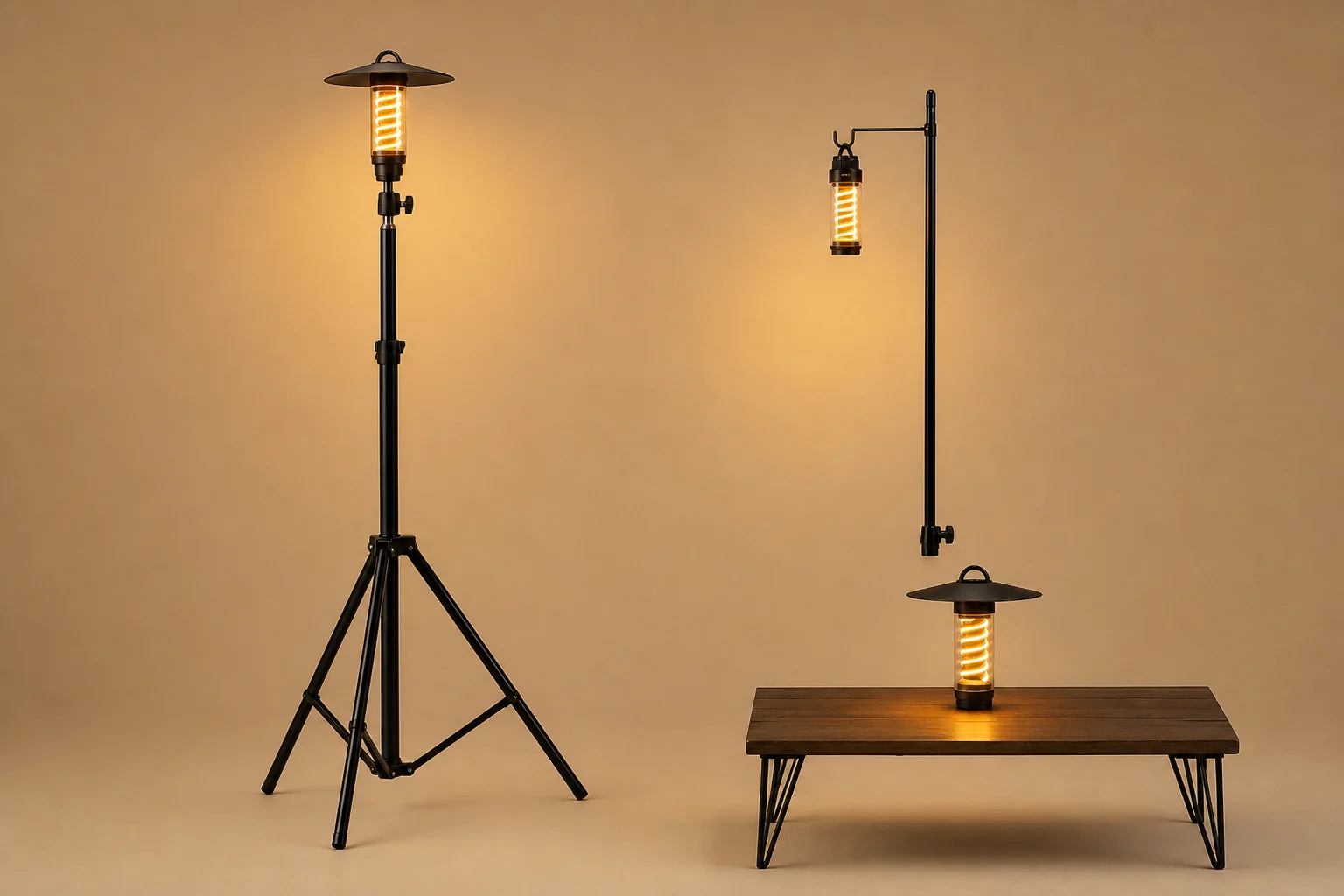 Portable ambient camping tower light shown with optional tripod pole hanging and tabletop mounting references