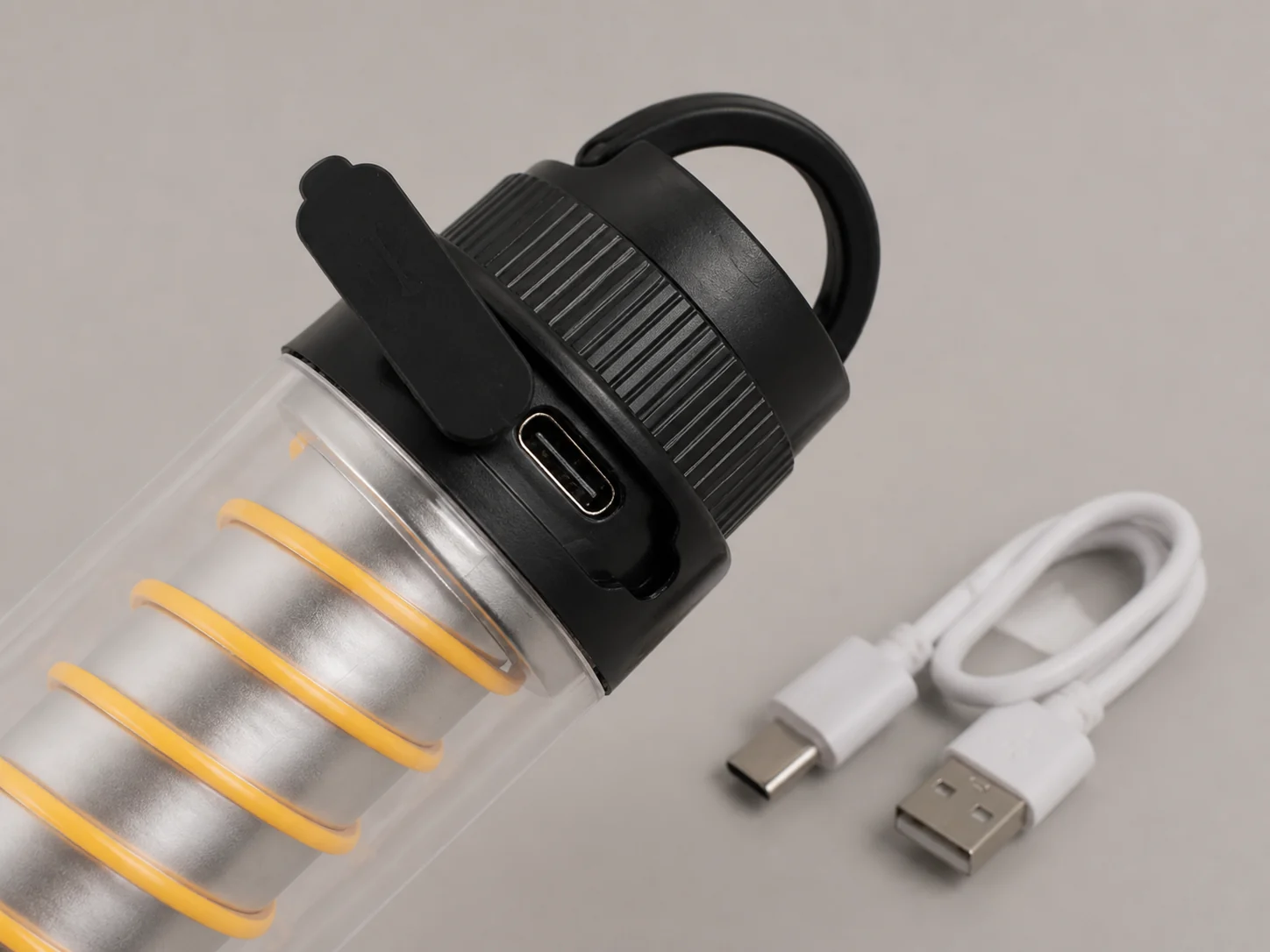 Close view of the portable camping tower light USB Type-C charging port