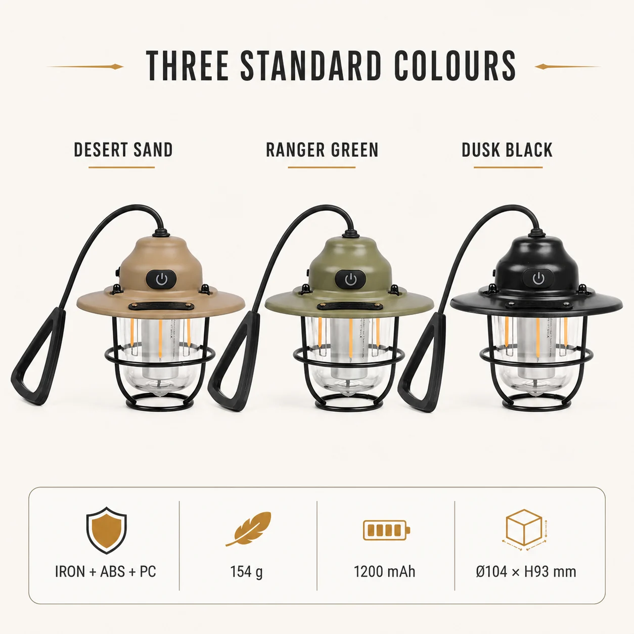 English colour and specification board for Desert Sand, Ranger Green and Dusk Black lanterns