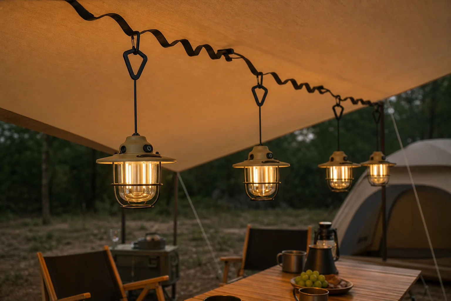Several retro pendant camping lanterns hanging under an outdoor awning