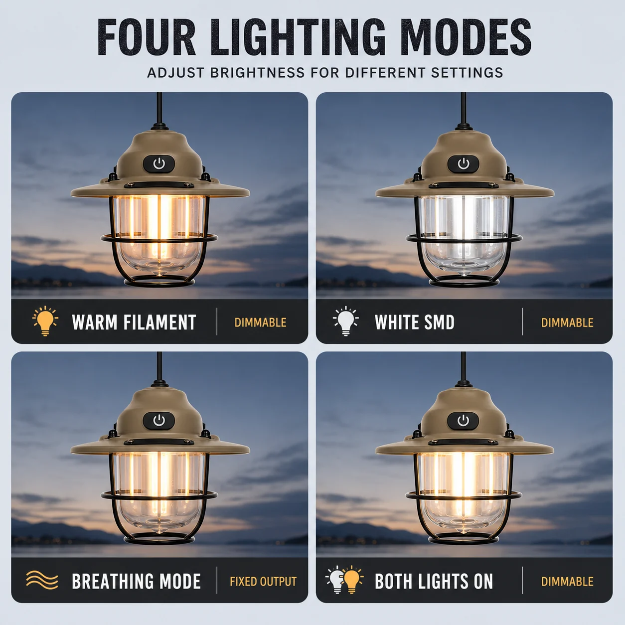 Four English lighting mode cards for the retro pinecone camping lantern