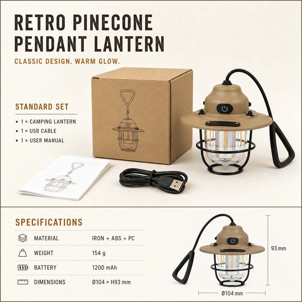 English standard set and specification board for the retro pinecone camping lantern