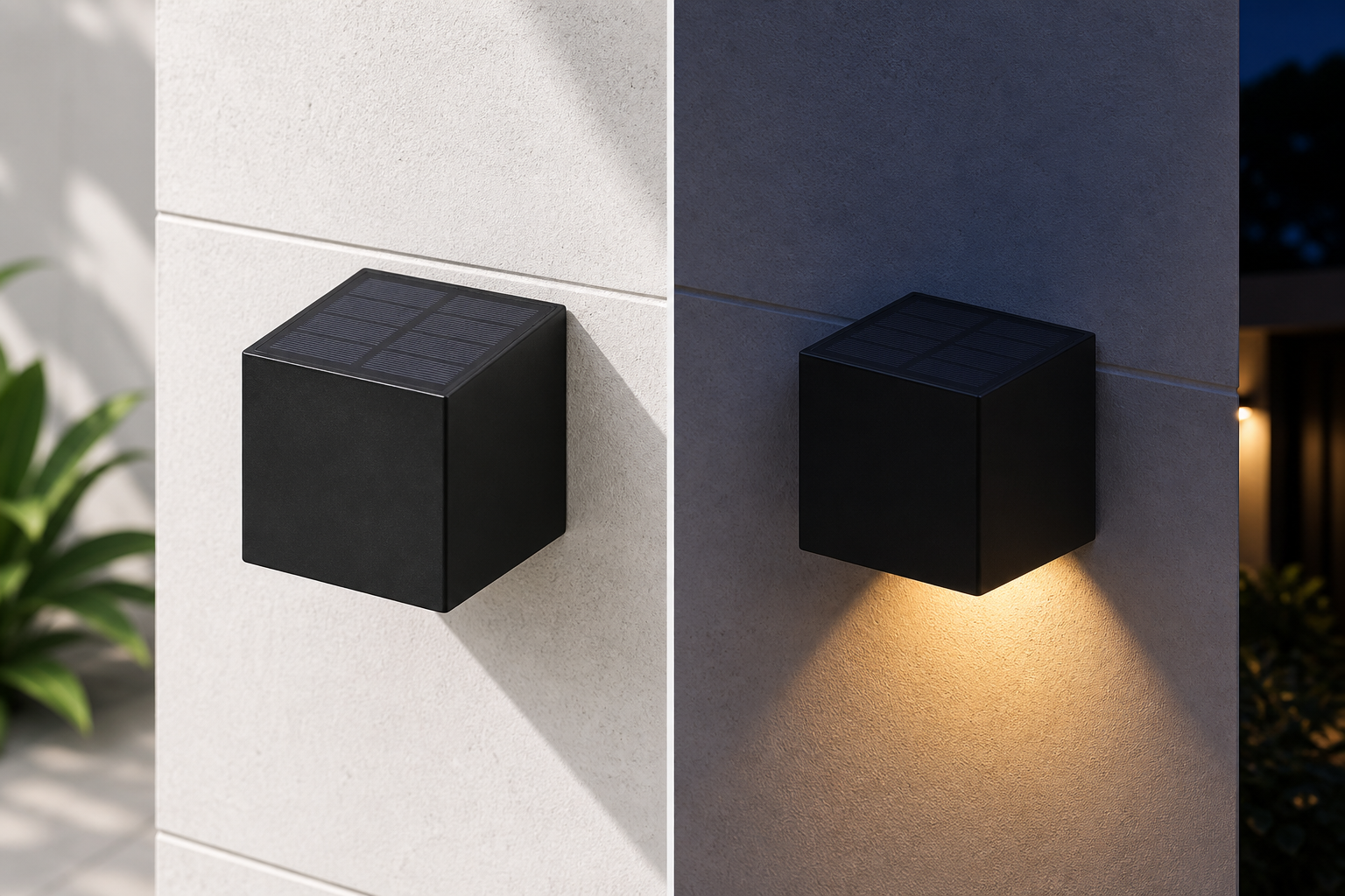 Split view of the square solar wall light charging in daylight and illuminating after dark
