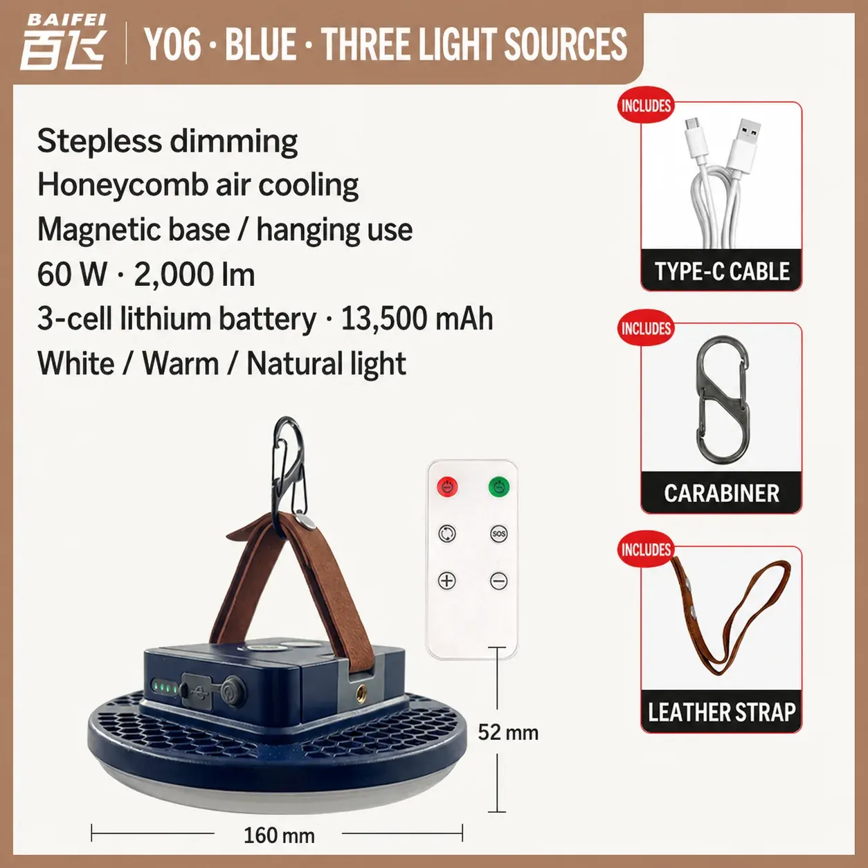 Blue Y06 camping area light shown with remote control, Type-C cable, carabiner and leather strap