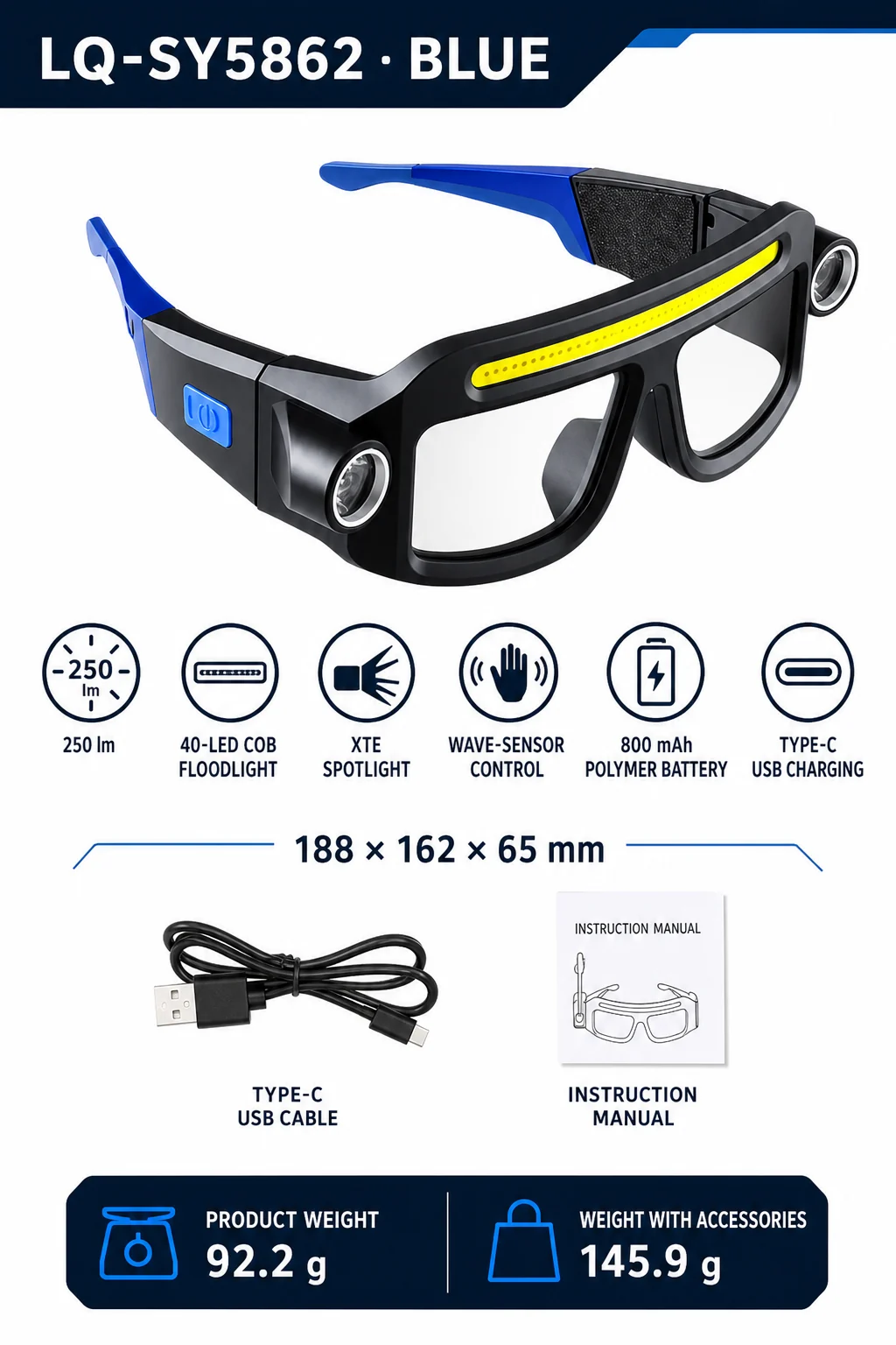 LQ-SY5862 Blue wearable glasses light SKU specifications