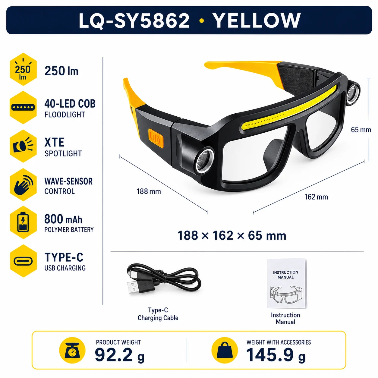 LQ-SY5862 Yellow wearable glasses light SKU specifications