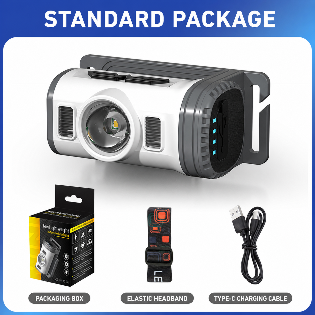English package-contents visual showing the T2401 light, retail box, elastic headband and Type-C charging cable