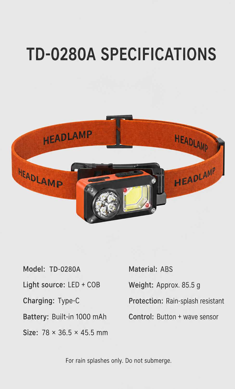 English TD-0280A headlamp specification overview