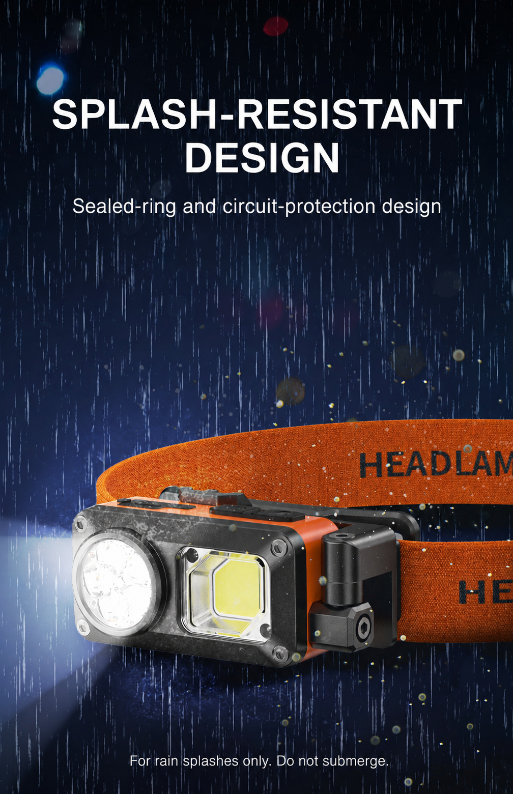 TD-0280A headlamp in a rain-splash scene