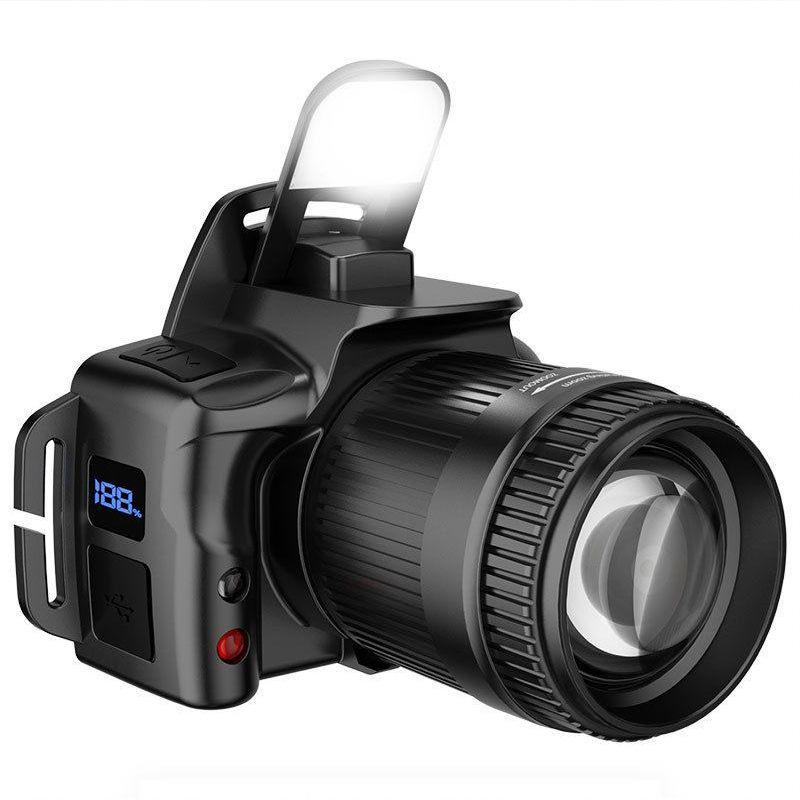 Black U8 rechargeable zoom sensor headlamp with battery display and adjustable auxiliary light