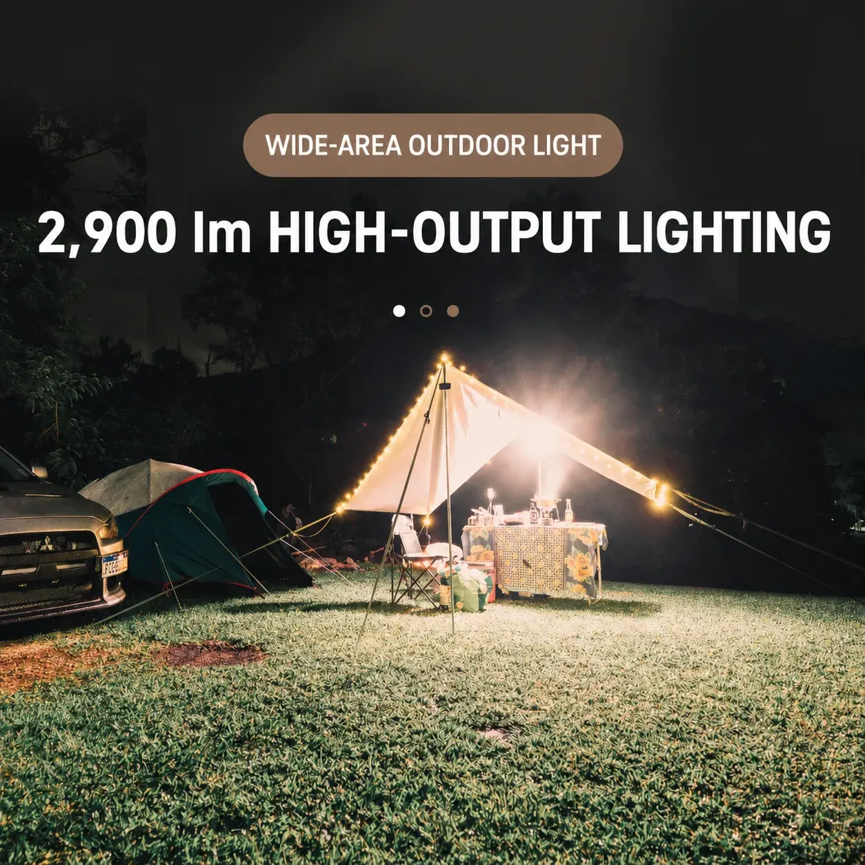 English 2900 lumen outdoor campsite lighting scene