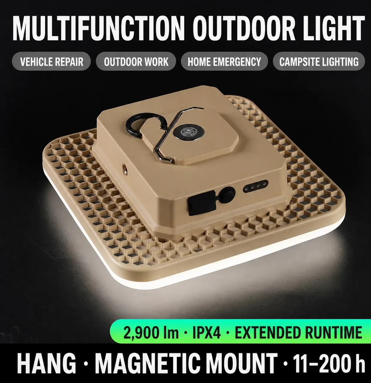 English multifunction overview of the khaki 2900 lumen rechargeable area light