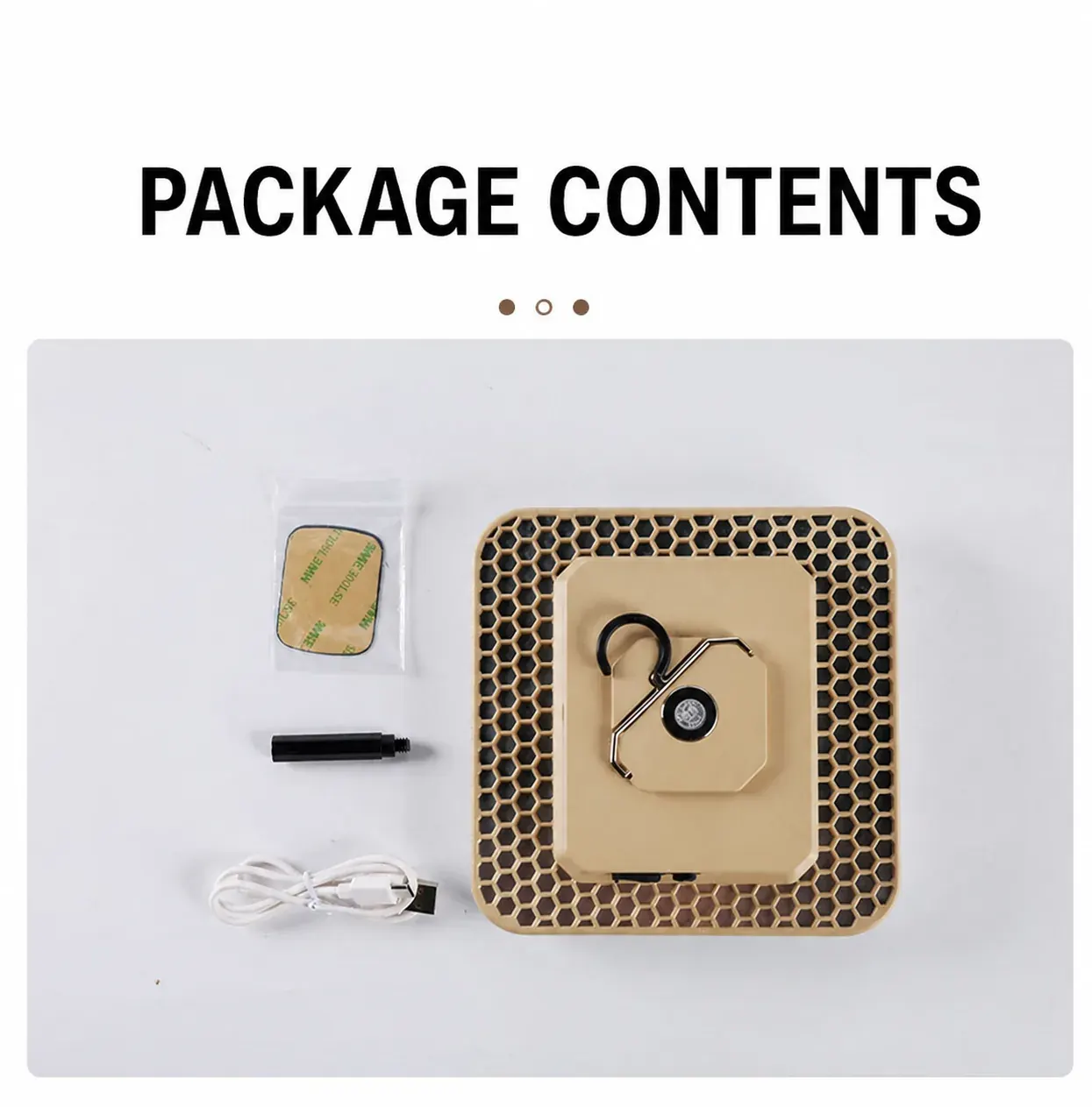 English package contents image with khaki area light and accessories