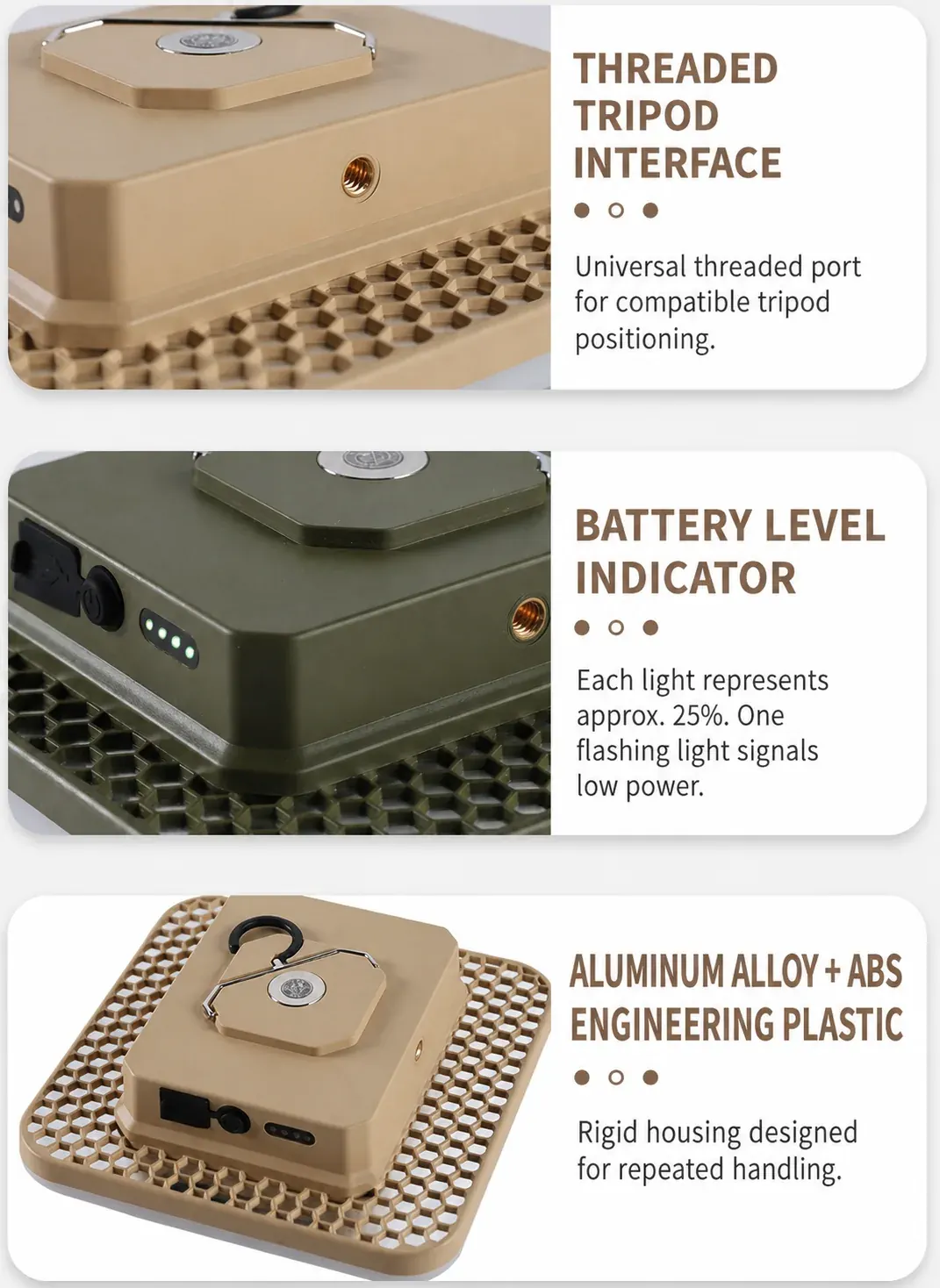 English threaded interface, battery indicator and housing-material details