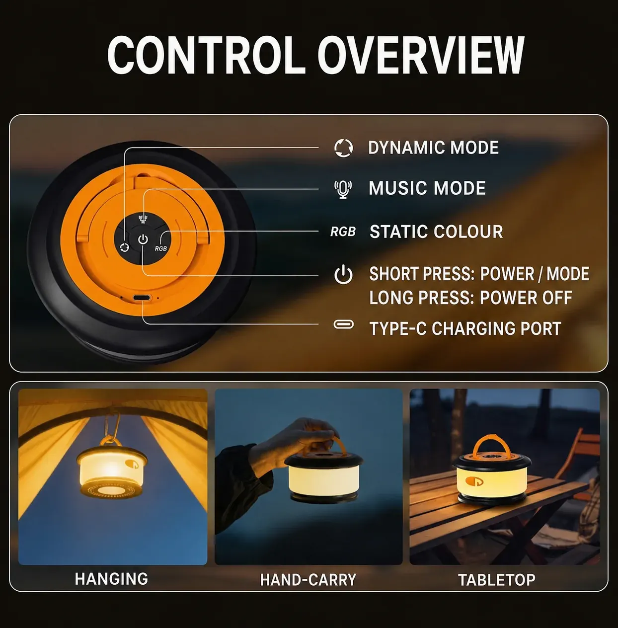 English JSK-L26 control overview and hanging, carrying and tabletop use