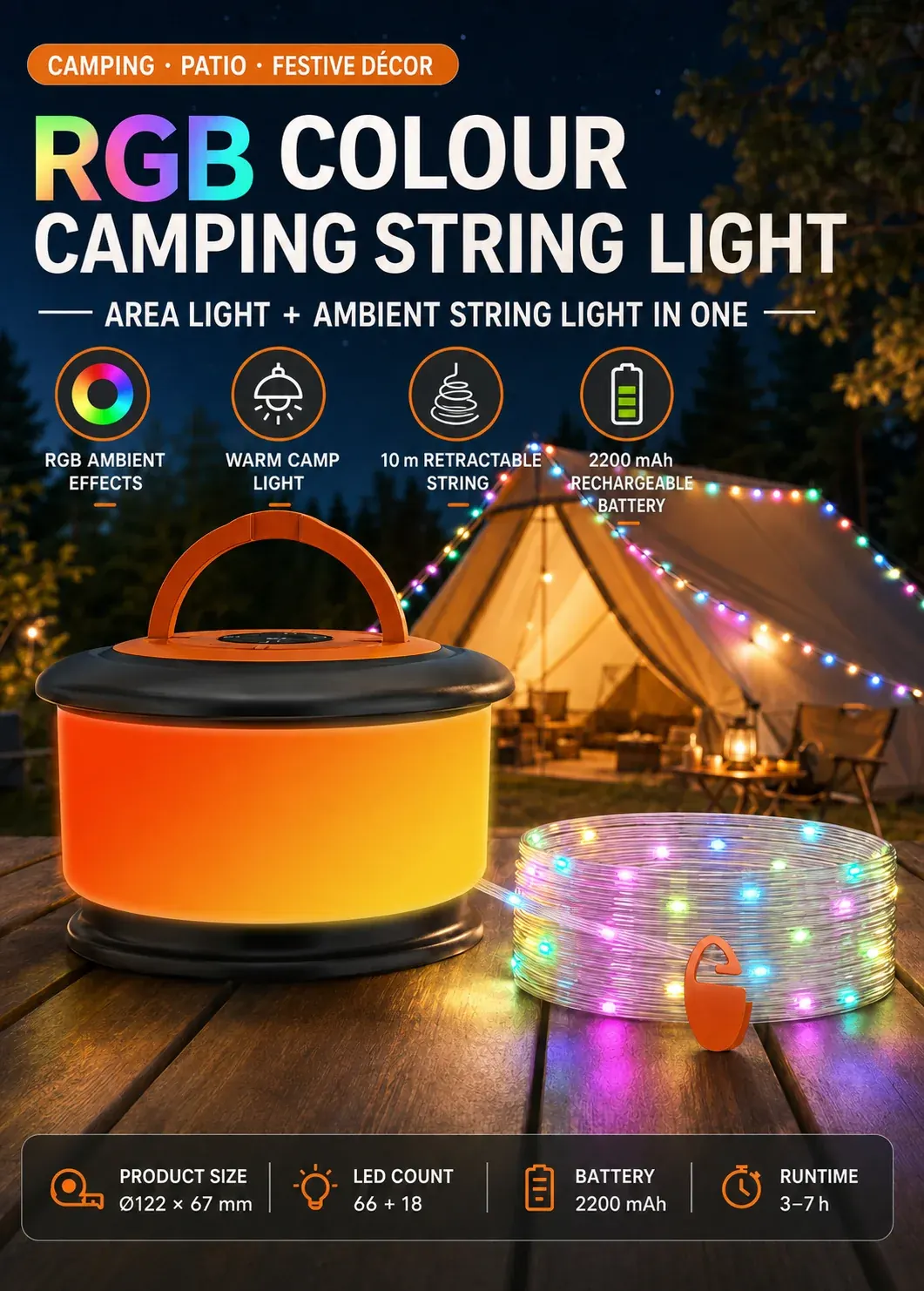 JSK-L26 RGB camping lantern with retractable ten metre string light