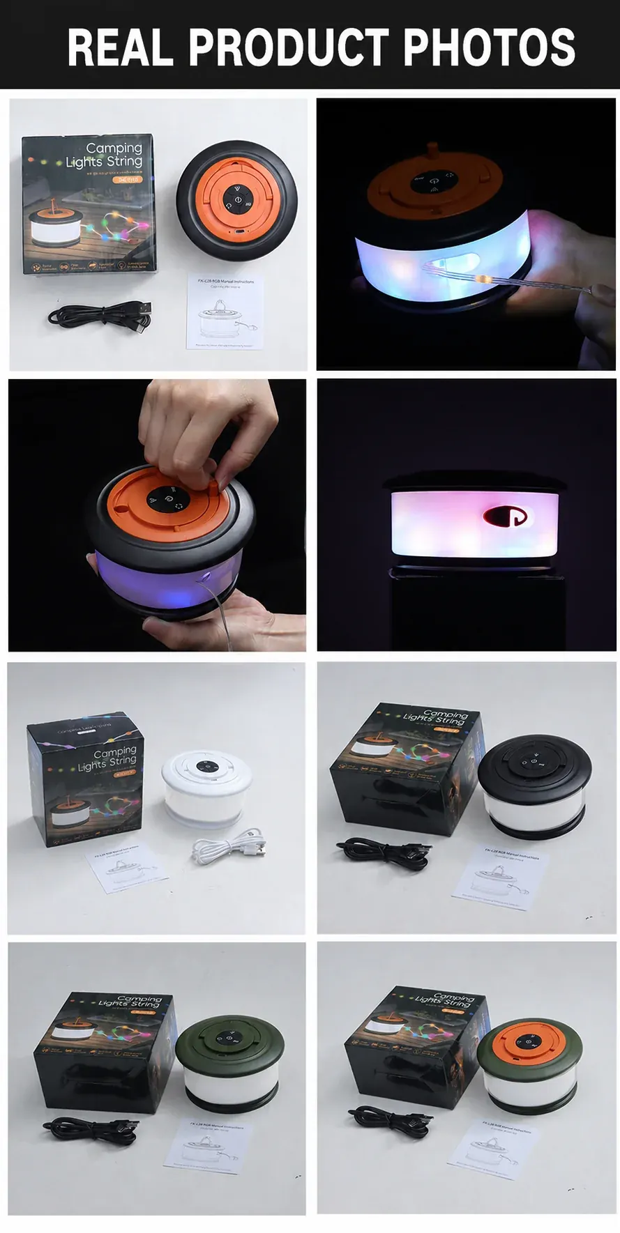 Real product photos of JSK-L26 colourways, packaging, cable and retractable light string