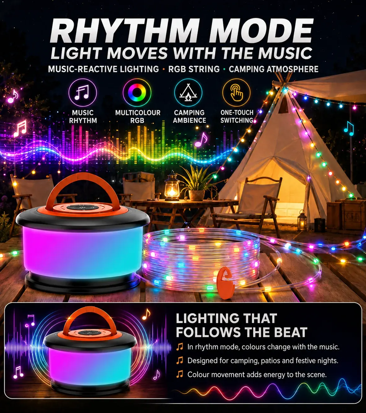JSK-L26 music rhythm mode with RGB string light at a campsite