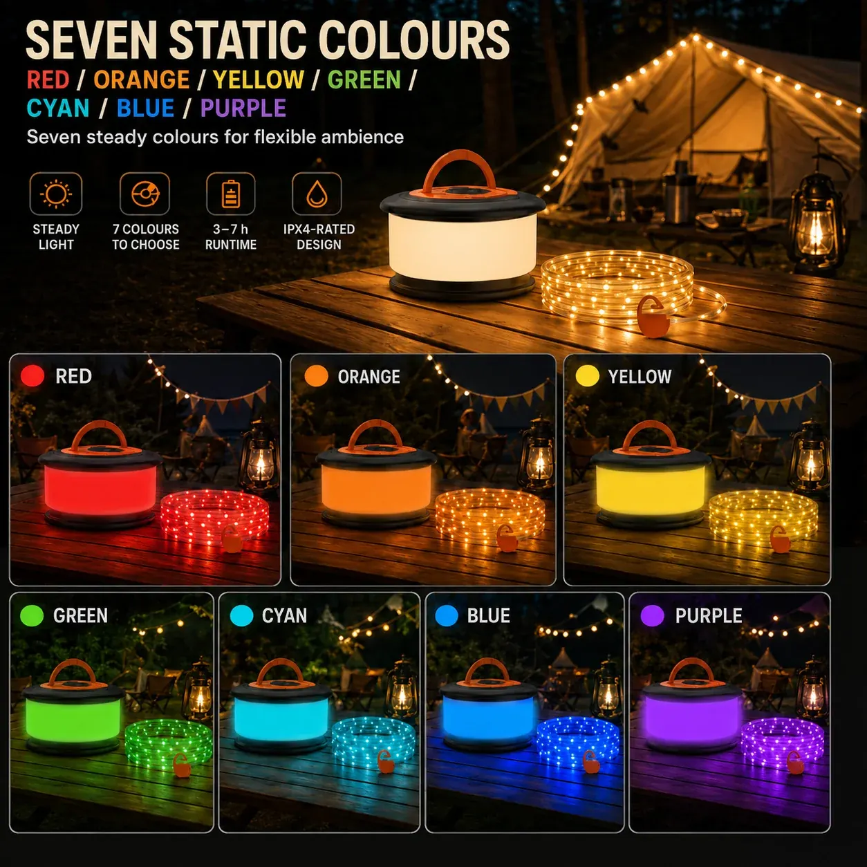 Seven static colour modes of the JSK-L26 RGB camping light