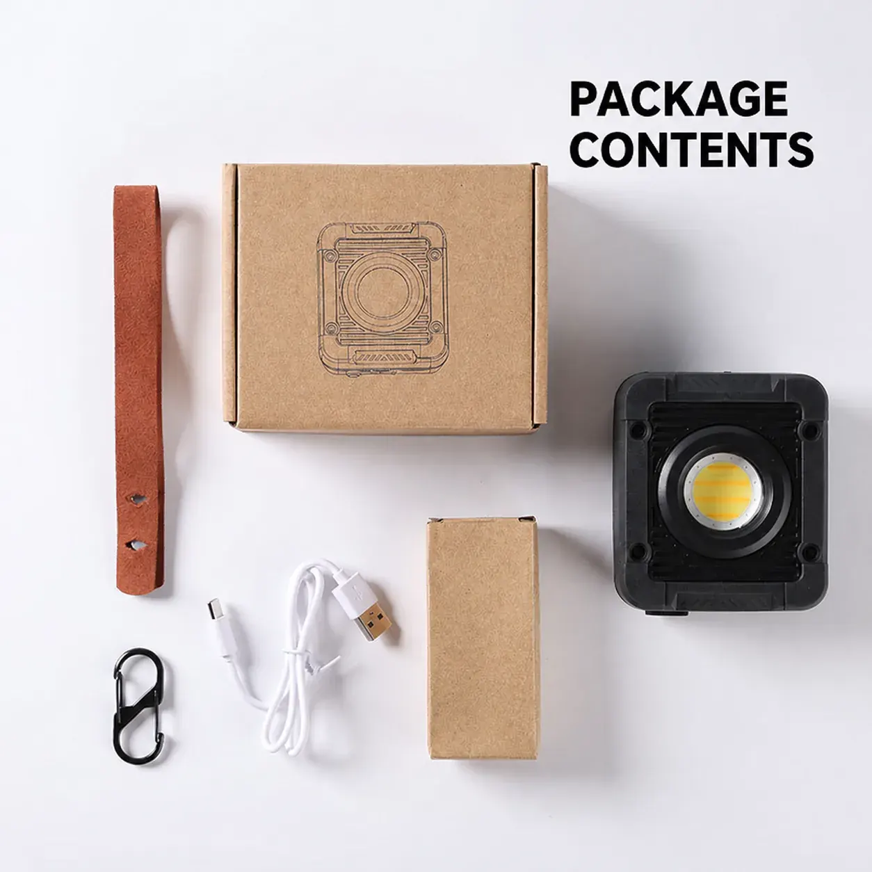 English package contents image with L52 light, strap, carabiner, Type-C charging cable and kraft packaging