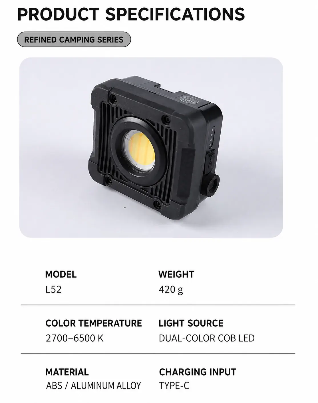 English L52 product specification infographic