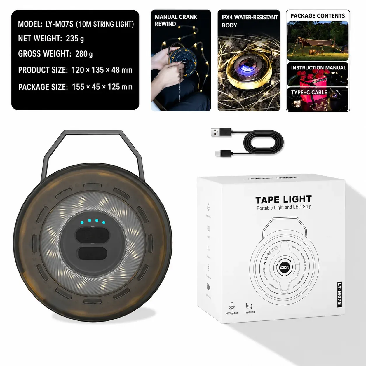 LY-M07S camping lantern, package contents and specifications