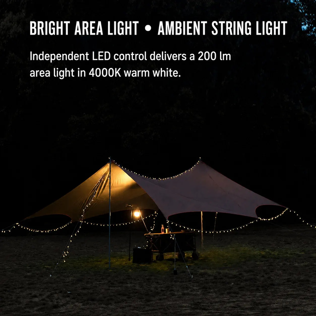 LY-M07S warm-white string light installed around a night camping canopy