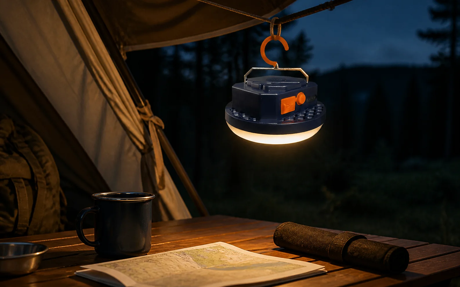 BAIFEI B01 rechargeable camping light in an outdoor night scene