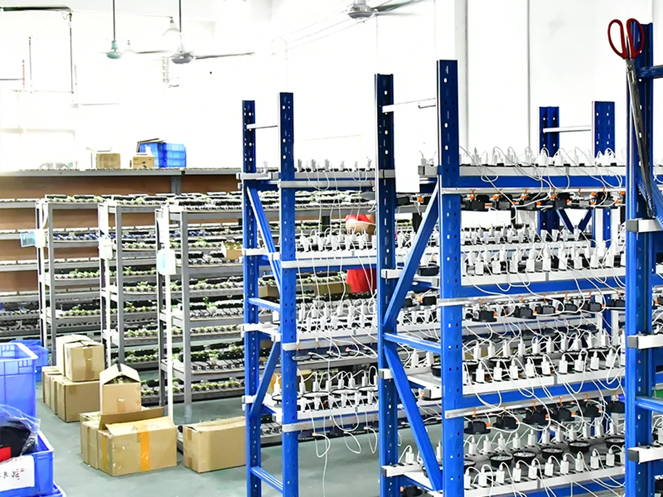 Organized lighting components on BAIFEI production racks