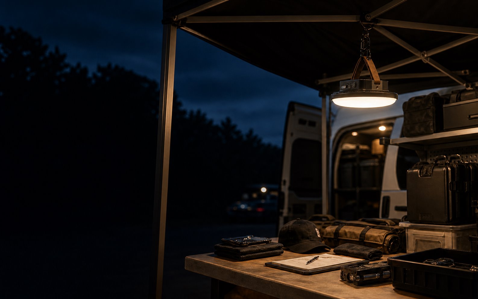 BAIFEI B-Series rechargeable camping light illuminating an outdoor work camp
